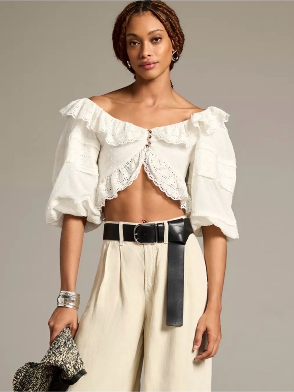 FARM Rio White Eyelet Off-Shoulder Ruffle Crop Top - Picture 4 of 8